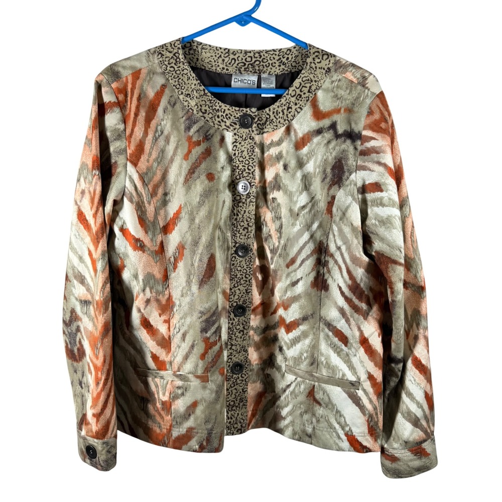 Chicos Size 2~Lg Mixed Animal Print Jacket Zebra Stripe Leopard Button Blazer